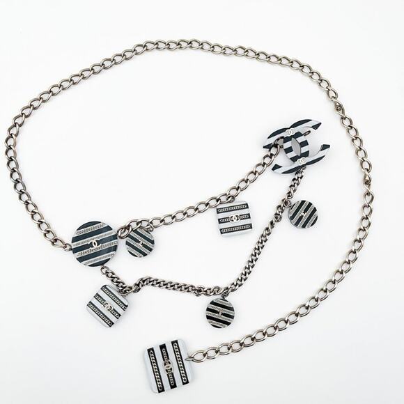 CHANEL 2005 CC Chain Belt Necklace Black and White Stripe Resin Charms Logo - Picture 3 of 16